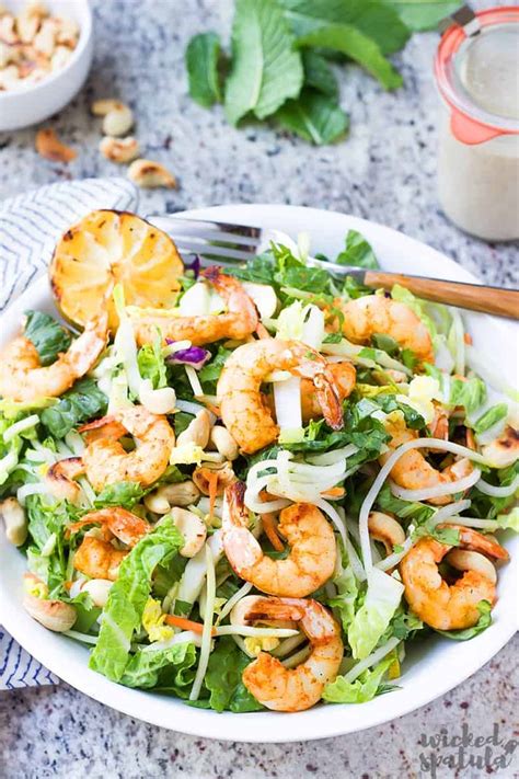 Grilled shrimp thai salad with a spicy peanut dressing. Healthy Grilled Asian Thai Shrimp Salad Recipe | Wicked ...