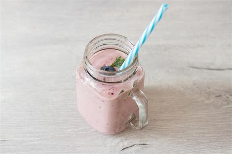 Strawberry Smoothie Or Milkshake In Mason Jar Mug Stock Image Image Of Berries Smoothie