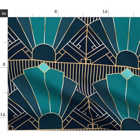 Art Deco 1920 Teal Navy 1920s Geometric Tile Fabric Printed By