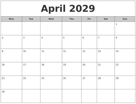 April 2029 Free Monthly Calendar