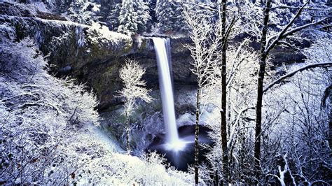 Frozen Waterfall In White Forest Wallpapers And Images