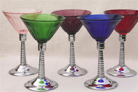 Vintage Martini Glasses Colored Glass And Chrome Cocktail Set Art Deco Style Mod