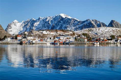 Lofoten Islands Norway Winter Landscape With Traditional Fishing