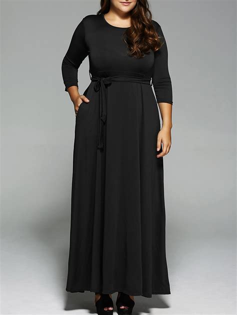 Long Sleeves Pleated Maxi Dress Black Xl In Plus Size