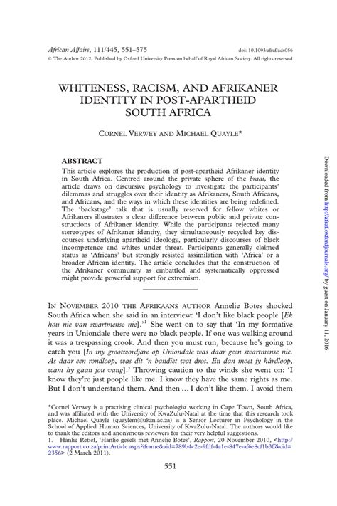 Pdf Whiteness Racism And Afrikaner Identity In Post Apartheid South