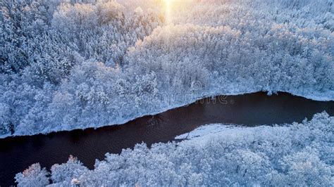 Colourful Winter Sunrise Over Forest And Open Field Stock Photo Image