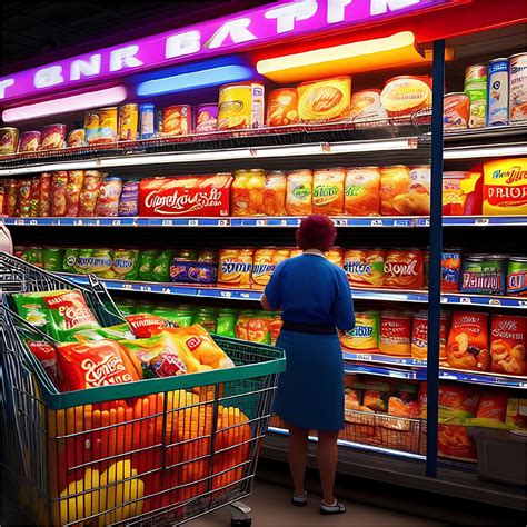 Realistic 3d Grocery Store Groceries With A Lady In Blue Dress Looking