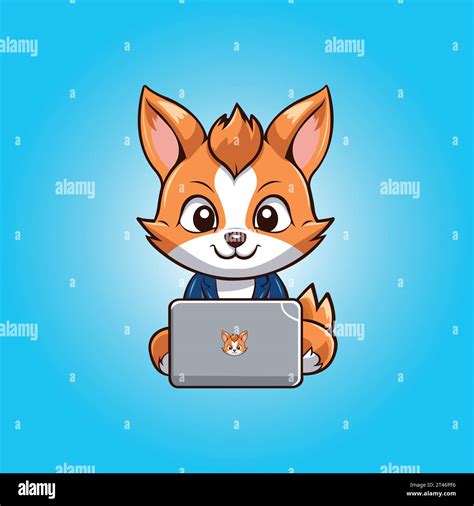 Vector cute fox with laptop cartoon illustration Stock Vector Image