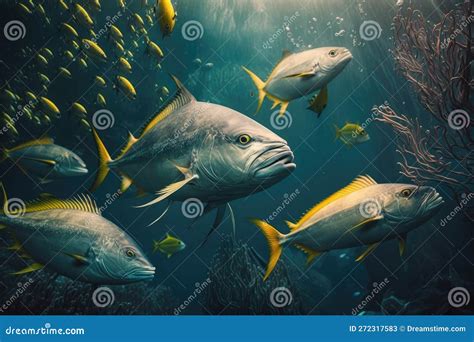 Yellowtail Amberjack Fish Underwater Lush Nature By Generative Ai Stock