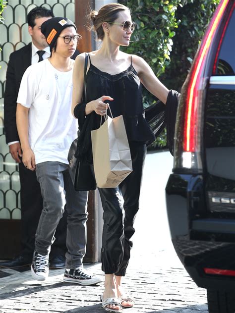 Angelina Jolie Goes To Lunch With Son Pax In Leather Leggings And Tank
