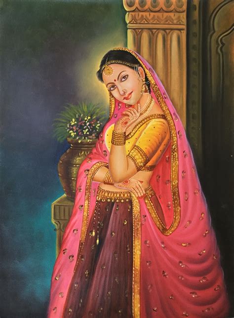 Rajasthani Princess Painting Handmade Indian Nayika Damsel Canvas Oil Decor Art Indian Women