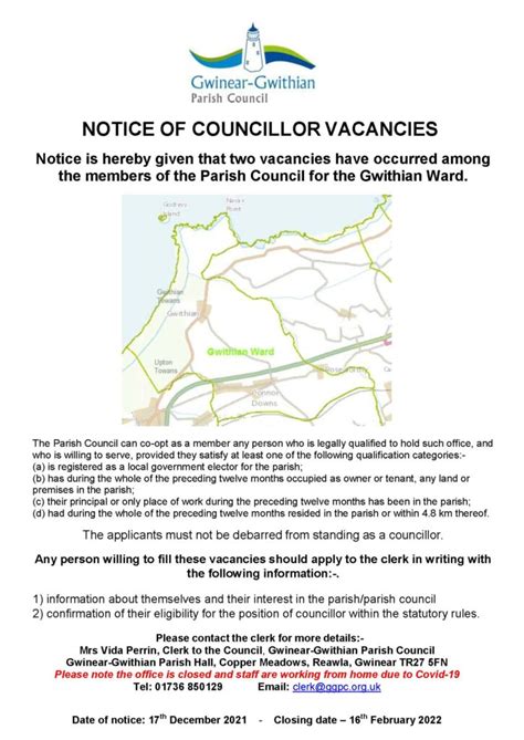 Two Councillor Vacancies For The Gwithian Ward Gwinear Gwithian