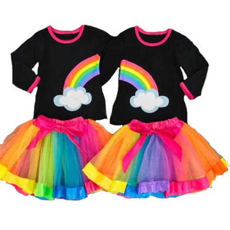Puseky Baby Girl Kids Toddler Sisters Sibling Rainbow Dress Outfit Set