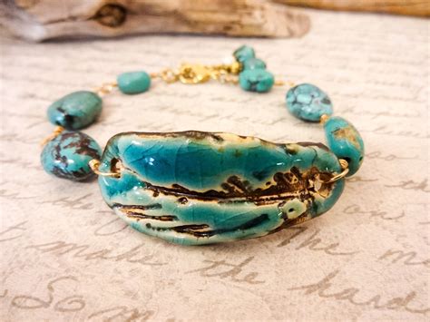 Turquoise Nuggets Bracelet Turquoise Links And Ceramic Feather