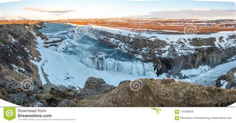 Panorama View Of Gullfoss Waterfall In Iceland Stock Image Image Of