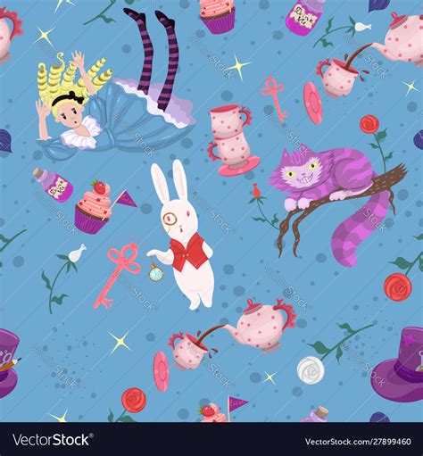 Cute Seamless Pattern Alice In Wonderland Vector Image