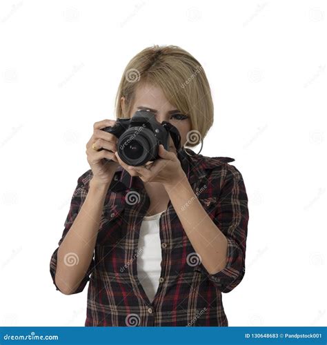 Girl Holding Professional Camera On White Background Stock Image
