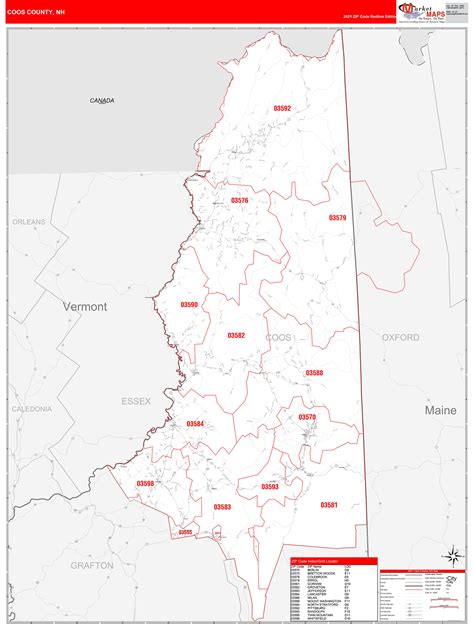 Coos County Nh Zip Code Wall Map Red Line Style By Marketmaps