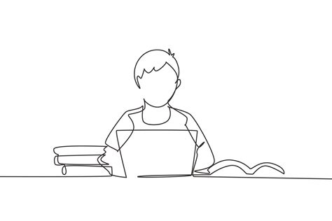 Single One Line Drawing Young Male Studying With Laptop And Pile Of