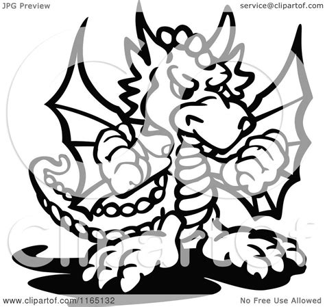 Cartoon Of A Black And White Tough Dragon Holding Up Fists Royalty