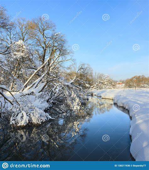 Sunny Winter Landscape With Flowing River Stock Photo Image Of Scene