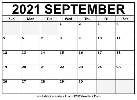 Printable September 2021 Calendar Templates
