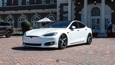 White Tesla Model S Lowered Custom Wheels Chrome Delete Tesla