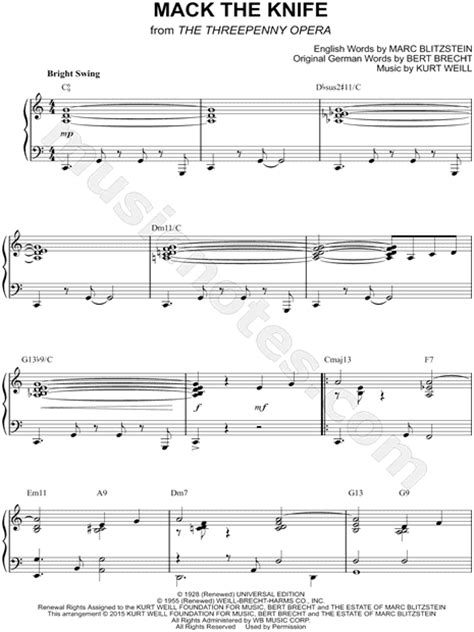 Bobby Darin Mack The Knife Sheet Music Piano Solo In C Major Download And Print Sku Mn0149109