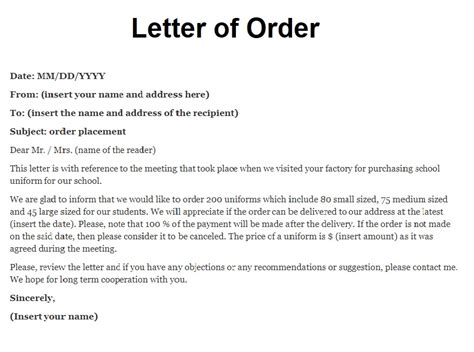 A letter of order is a document that tells or confirms about the sale and purchase of a product and also provides details of any such deed. Order Letter - wanew.org