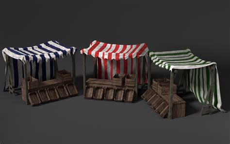 Medieval Market Stall Shop Set With Blue Green And Red Striped Cloth