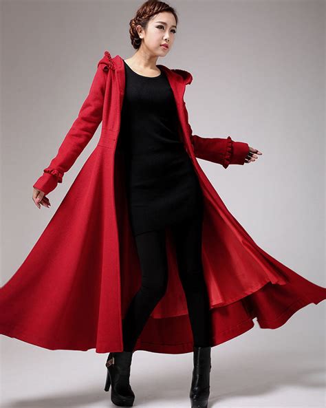 Red Long Wool Coat Winter Hooded Coat Fit And Flare Style Outwear
