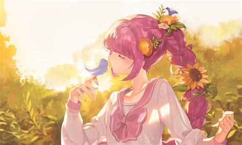 Download 2460x1480 Anime Girl Pink Hair Braid Bird Flowers