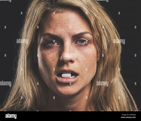 Woman Face And Pill For Drug In Addiction For Substance Abuse To Cure Pain And Suffering Over
