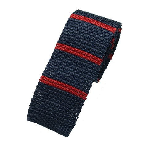 Navy Silk Knit Tie With Medium Red Stripe Elegant Extras