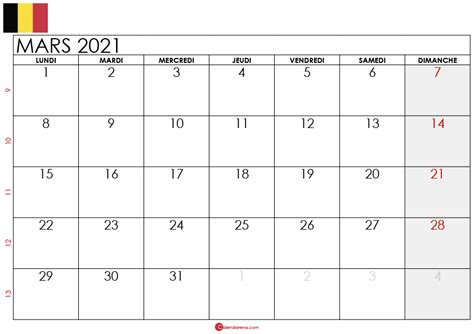 Télécharger Calendrier Mars 2021 Belgique 🇧🇪 Calendarena