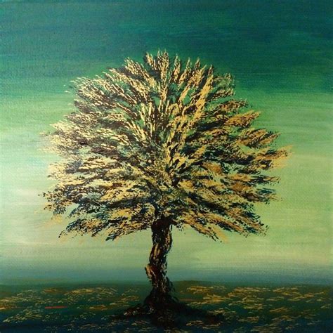 Golden Shades Tree In Green Background Abstract Tree Painting