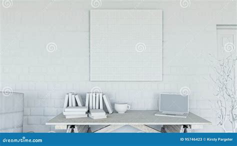 3d Office With Blank Canvas On Brick Wall Stock Illustration