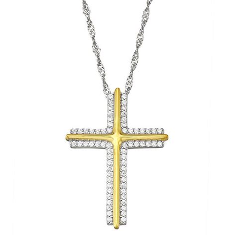 sterling silver two tone cubic zirconia cross pendant necklace