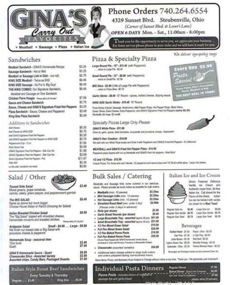 Menu At Ginas Carry Out Favorites Restaurant Steubenville