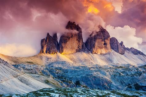 Hd Wallpaper Mountains Cliff Dolomites Italy Landscape Snow Tre