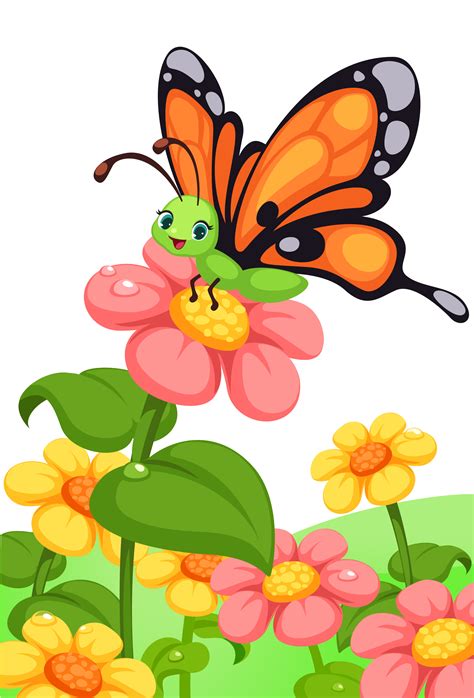 Cute Butterfly On Colorful Flowers 618967 Vector Art At Vecteezy