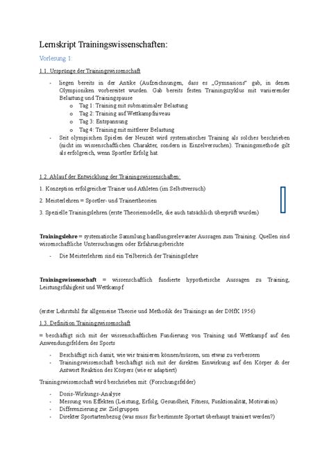 Zusammenfassung Und Lernskript Trainingswissenschaften Lernskript