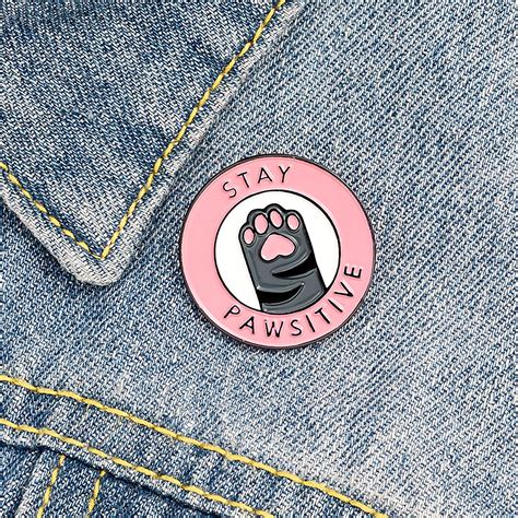 Stay Pawsitive Black Cat Paw Metal Pin Badge Pink Cat Enamel Etsy