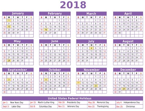 2018 Calendar W Holidays
