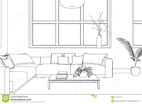 Interior Design Living Room Custom Drawing Stock