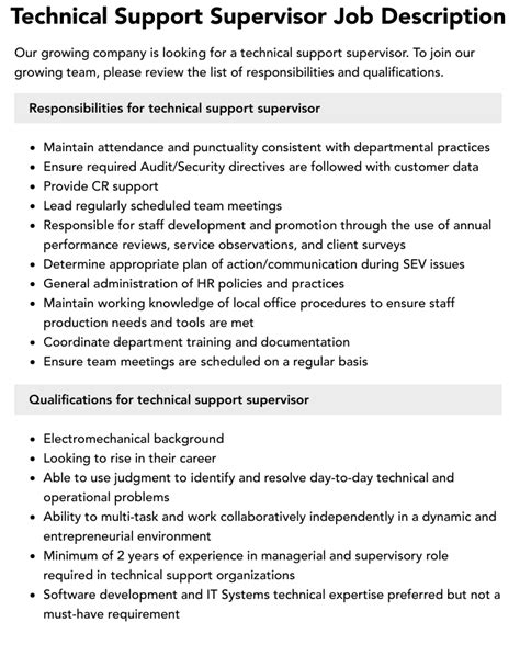 Technical Support Supervisor Job Description Velvet Jobs