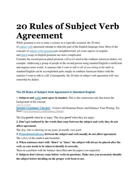 20 Rules Of Subject Verb Agreement Grammatical Number English Language