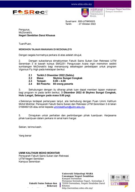 Surat Permohonan Tajaan Mc Donalds Smg251 Universiti