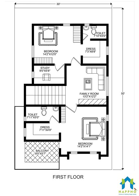Two bedroom apartment floor plan larksfield place. Floor Plan for 30 X 50 Feet Plot | 3-BHK (1500 Square Feet ...