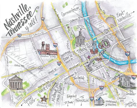 Downtown Nashville Map Watercolor Illustration Print Etsy Australia